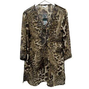 Rhona Sutton Swim Coverup Medium Brown Leopard Sheer Beaded Tassel Tunic Top NWT
